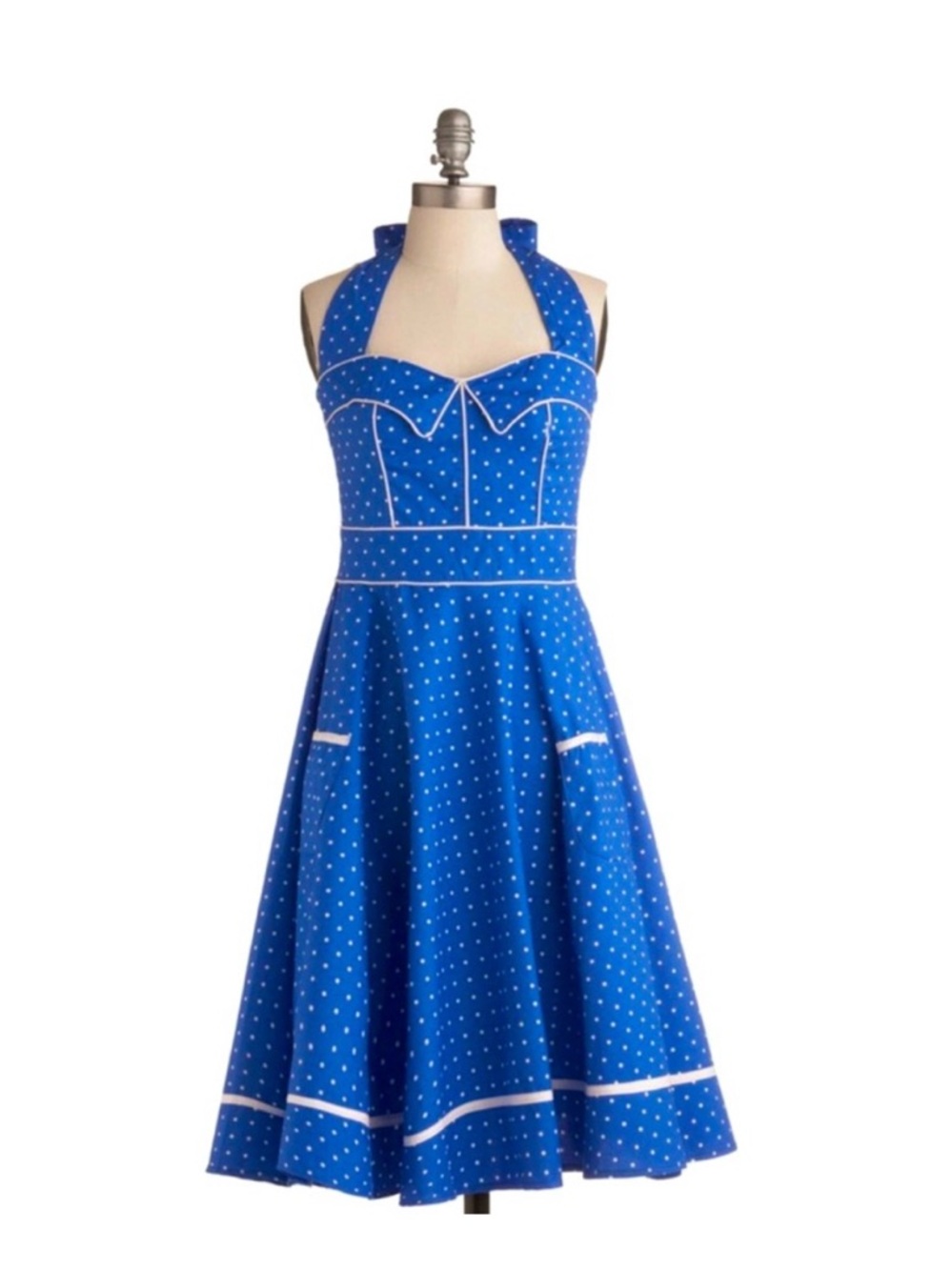 Hell Bunny Royal Blue Polka Dot Halter Midi Dress